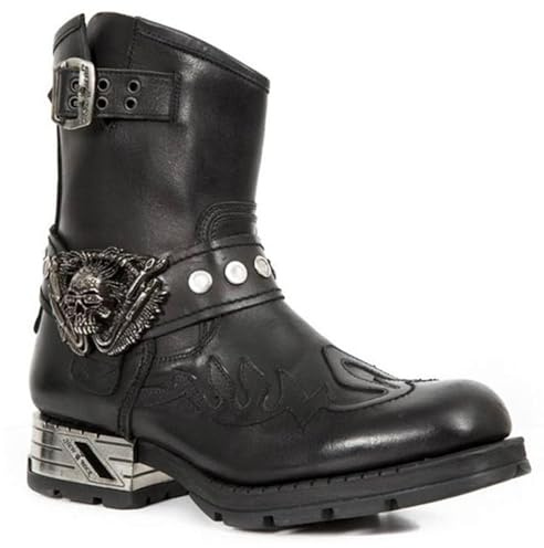 Men's Biker Riding Boots, Medieval PU Leather Steampunk Boots with Skull Decoration - Vintage Embroidery Western Cowboy Shoes for Cosplay(10.5 UK) Black