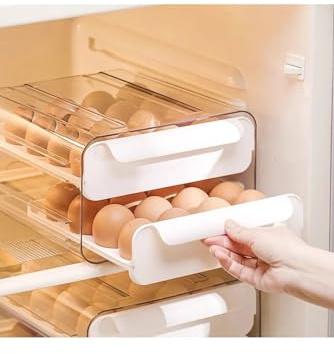 Egg Storage Drawer Box – Stackable 2-Tier Acrylic Egg Organiser for Fridge – Holds 32 Eggs – Clear Pull-Out Drawers – Space-Saving Kitchen Storage Container