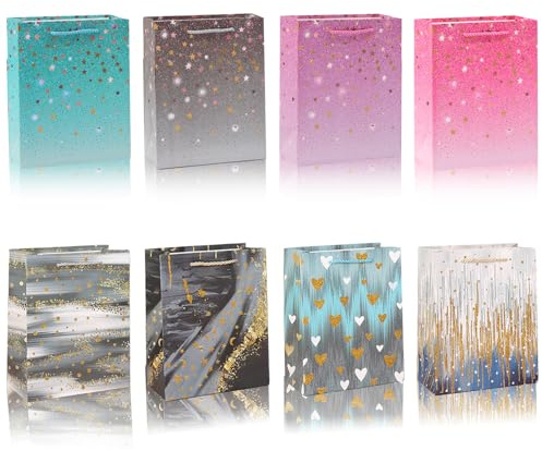 8 Stück Geschenktüten Papiertüten mit Henkel, 18 x 23 x 10 cm Geschenktaschen Groß, Geburtstagstüten für Mädchen Geburtstag Hochzeiten Verpackungen Partys Valentinstag Tüten