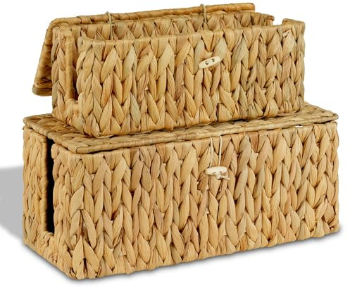 efluky 2 Pack Hand-Woven Cable Management Box with Lid, Water Hyacinth Open Slots Cord Box to Hide USB Wire, Power Strip & Charger for Home & Office and Dorm, Natural