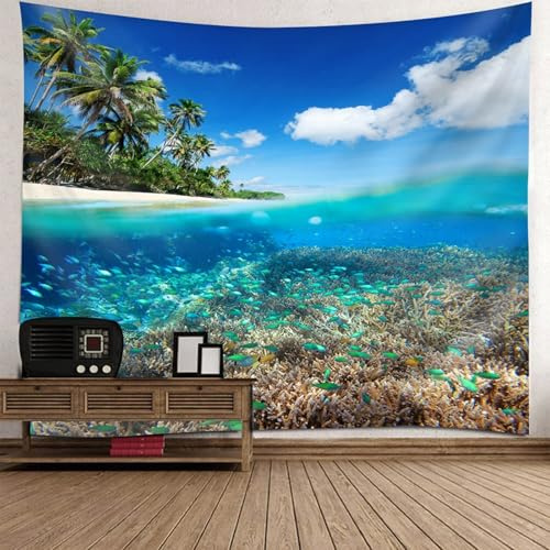 Skcess Tapiz colgante de pared, poliéster, azul, verde, marrón, palmas de coco bajo el agua, corales y peces, tapiz de comedor, 150 x 150 cm