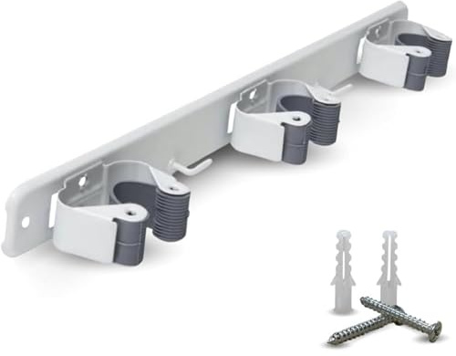 PARENCE.- Dreifach anschraubbare Wandhalterung für Besen und Zubehör - Besenhaken 3 Halterungen + 2 Haken - 37cm, Blanc