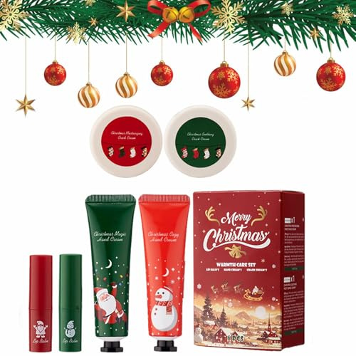 Crema Manos Navidad, Crema de Manos/Bálsamo Labial Navideño/Cremas Pies, Mini Hand Cream Set, Cremas Hand Agrietadas y Secas, Cuidado Nutritivo de Los Labios, Regalos Navidad, 6 Piezas