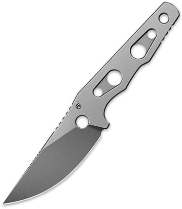 Petrified fish PFE18 Bison L Feststehende Klingenmesser, 3,03 Zoll N690 Stahl Stonewashed Klinge, festes Klingenmesser mit Lederscheide für Lager (White Stonewashed)