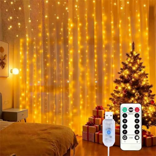 Songlypian 300LED Guirlande Lumineuse,USB Rideau Lumineux Noel Intérieur,3m*3m 8 Modes d'Eclairage,Etanche Guirlande LED Decoration pour Noël, Mariage, Anniversaire, Fenêtre, Maison