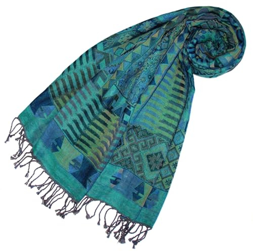 Lorenzo Cana Damen Pashmina Schaltuch aus 90% Baumwolle mit 10% Wolle Damenschal Naturfaser Schal Azteken Muster Markenschal mit Fransen türkis blau 70 cm x 180 cm - 78699