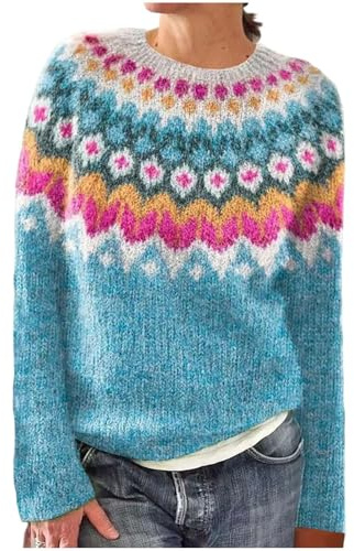 Pull Femme Hiver Chic Pull Norvégien Vintage Jacquard Tricoté Chaud Pullover Col Rond Laine Mohair Sweater Grande Taille Tunique Manches Longues Automne Haut Élégant Décontracté Mode Doux Noël Top
