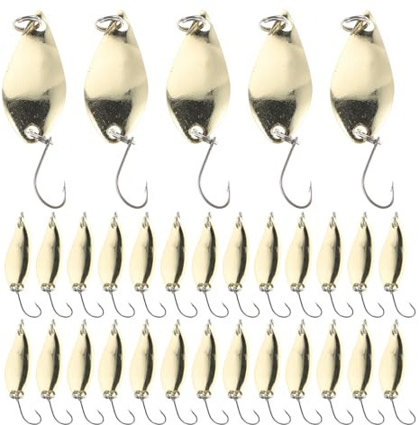 Healeved 30 Piezas Kit de Señuelos de Pesca Metalizados Dorados Cebo Duro Simulado para Agua Dulce y Salada para Trucha Lucio y Perca Conjunto de Cucharillas Realistas para Lagos y Mares