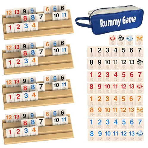 Weciau Rummy Spiel, Rummy Set mit 1 Aufbewahrungstasche 4 Stände 112 Spielsteinen, Klassische Brettspiele Leicht Verständlich, Tragbarer Brettspiel für 2-4 Personen