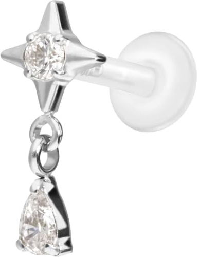 PIERCINGLINE Piercing Stecker PTFE Labret mit Innengewinde + Titan-Aufsatz STERN + KRISTALLTROPFEN - Roségoldfarben, Transparent, Schwarz, Goldfarben, Silberfarben