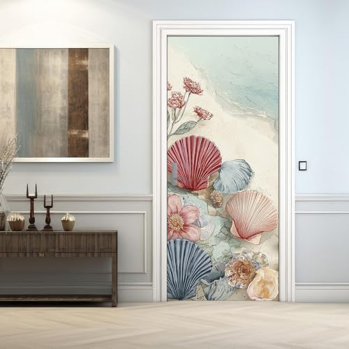 Strand Türtapete Selbstklebend 90x200, Muscheln Meer Türbilder Türfolie Türposter Türaufkleber Selbstklebende PVC, Türdeko Strand,(ST0372)