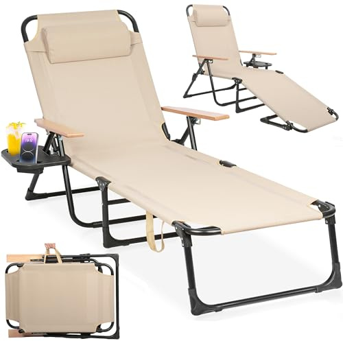 Sonnenliege klappbar 4-Fach Verstellbare Rückenlehne, Gartenliege Wetterfest, Leicht Strandliege Campingliege mit Kopfkissen & Holzarmlehnen, Liegestuhl für Balkon, Pool, Strand bis 150 kg (Beige)