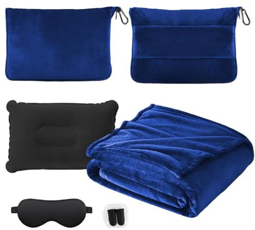 Resefilt kudde filt 2-i-1, resefilt ultralätt varm filt bil 152 x 127 cm, omvandlingskudde flygplan kudde med fodral, bagage, ögonmask, öronproppar (setmarinblå)