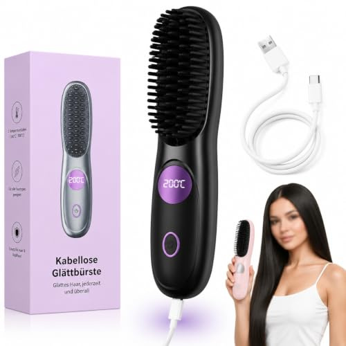 STRUKTURPASTE Stylingbürste für Kurze Haare,Glättbürste Kabellos mit LED Anzeige,Glättungskamm verhindert Haarziehen,25s Schneller Keramikerwärmung,3 Wärmestufen für Reisen,Haarfreundliches (Schwarz)
