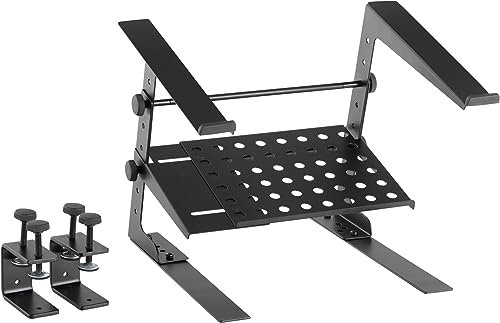 Pronomic LS-210 Deluxe Laptopständer DJ Notebookstativ Laptop Stand (Höhenverstellbar, inkl. Befestigungsklammern, zusätzliche Ablagefläche, ideal für DJs & Musiker, Material: Stahl) Schwarz