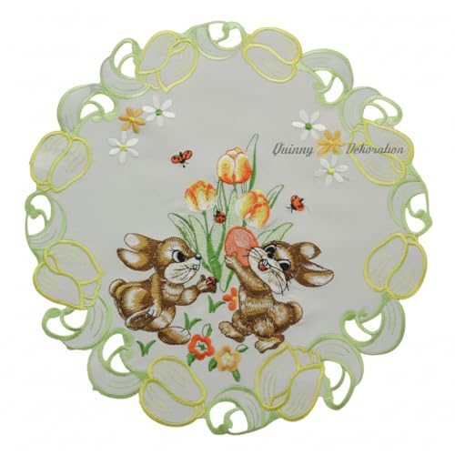 Ostern Tischläufer/Tischdecke Weiß mit gelb-orange Tulpen, Marienkäfer Stickerei - Größe wählbar (ca. 40 cm Rund)