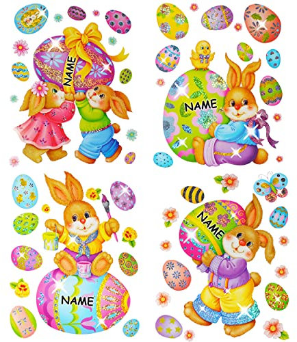 alles-meine.de GmbH 1 Bogen XL Fensterbilder - Osterhase & Frühling - 3-D Glimmer Effekt - incl. Name - statisch haftend - selbstklebend + wiederverwendbar/Ostern - Stick..