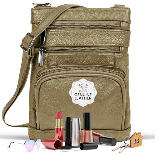 Krediz leather Crossbody Purses for Women, Multi Pocket Crossbody Purse with Adjustable Strap, Soft & Durable Leather Purse, Pewter, Regular