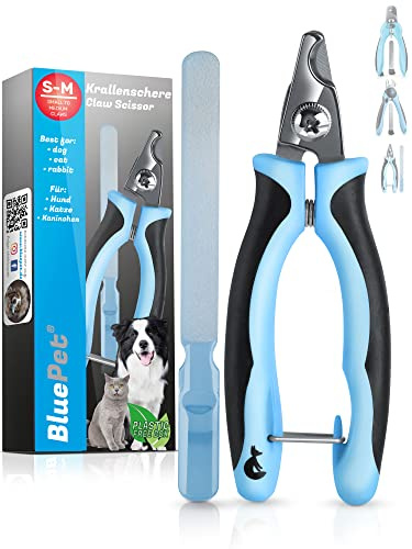 BluePet Forbici per Cani Unghie - Protezione Aggiuntiva Grazie al Distanziatore - per Cani e Gatti di Taglia Media e Grande - Lima Unghie Incluso (Angolato - Blu, S Piccoli Animali)