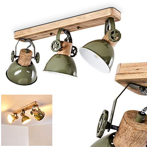 HOFSTEIN Deckenleuchte Orny, verstellbare Deckenlampe aus Metall/Holz in Grün/Weiß/Naturfarben, moderne Leuchte im Industrial/Retro/Vintage-Design, 3 x E27, Wohnzimmer, Esszimmer, Schlafzimmer, Küche