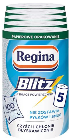Regina Blitz Toallas para el Cuidado del Hogar, 5 Rollos de 100 Hojas cada uno, Toalla de Papel de 3 Capas, Hojas Maxi, Embalaje de papel, Certificado FSC, Celulosa pura, Certificación NIZP-PZH