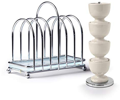 Zeal BASET9C Breakfast Set Set of 4 Melamine Stacking Egg Cups on Stand with Chrome and Glass 6 Piece Toast Rack, Cream