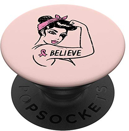 Rosie Riveter Believe Pink Ribbon Breast Cancer Awareness PopSockets PopGrip: Swappable Grip for Phones & Tablets