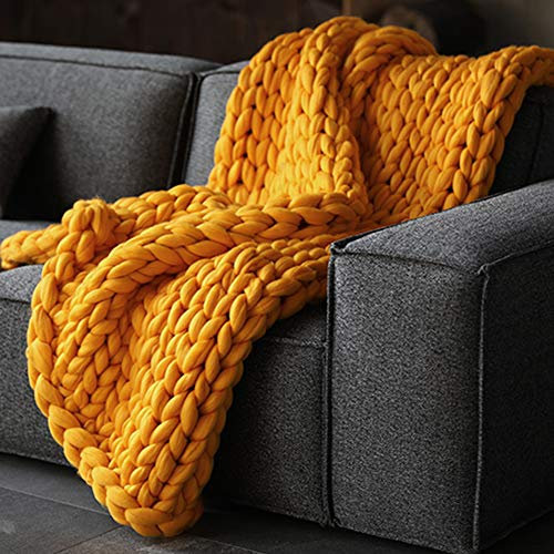 MANG Große Gestrickte Decke Handgefertigtes Strickdecke Rosa Chunky Kuscheldecke, Grob Wolldecke Für Haustier Bett Stuhl, Gelb/Grau/Beige, 150 * 180cm
