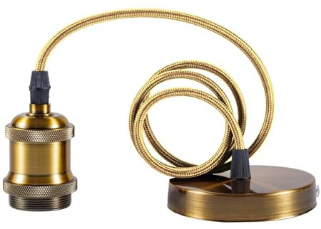Sevenpers Light Fittings Ceilings, E27 Vintage Bright Brass Pendant Light Fitting Lamp Holder with Ground Wire and 90cm Braided Cable