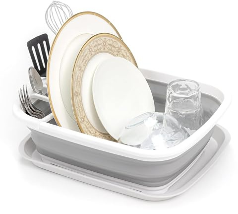SAMMART 8L Zusammenklappbarer Plastik Geschirrabtropfer mit Abtropfbrett – Faltbares Wäscheständer-Set – Tragbarer Geschirr-Organizer – Platzsparende Küchenablage (Weiß/Grau, 1)