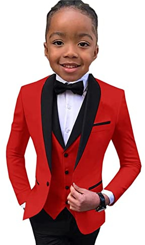 Boys Suit Wedding Tuxedo 3 Piece Shawl Collar Jacket Pants Vest Child Formal Blazer Set Slim Fit Outfit 14 Red