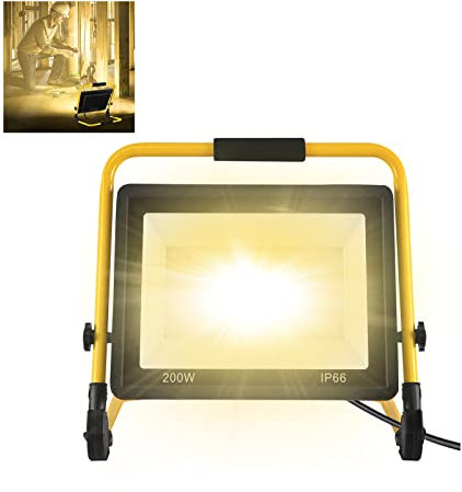 YARDIN Baustrahler LED Baustellen Flutlicht Arbeitsscheinwerfer Baustellenlampe Tragbare Arbeitsleuchte inkl. Standgestell und Netzkabel Wasserdicht IP66 für Garage, Garten, Baustelle (200W Warmweiß)
