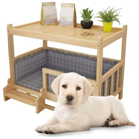 Table de chevet avec lit pour chien,Maison pour petit chien en bois 100 % naturel pour intérieur,Animaux de compagnie de 5 kg ou moins,60x45x65 cm (taille M)