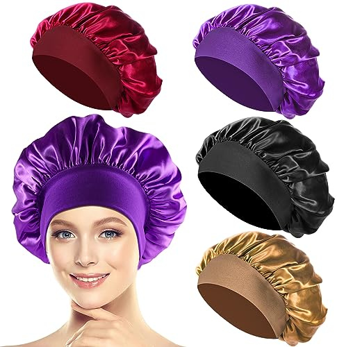PAEFIU 4 Pcs Bonnet Satin Cheveux Nuit, Bonnet Soie Cheveux Nuit Femme, Bonnet de Nuit Bonnet en Satin pour Protéger Cheveux Longs et Cheveux Bouclés (Noir,Or,Violet Foncé,Vin Rouge)