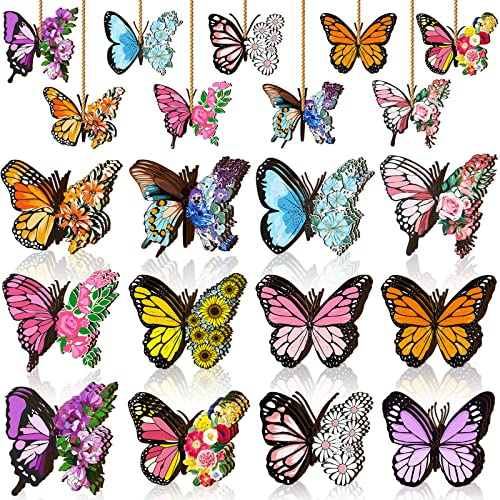 Geelin 36 Pcs Summer Wood Hanging Ornaments for Tree Mini Tree Decorations Hawaiian Beach Wooden Pendant Decorations with String for Luau Party Supplies(Butterfly)