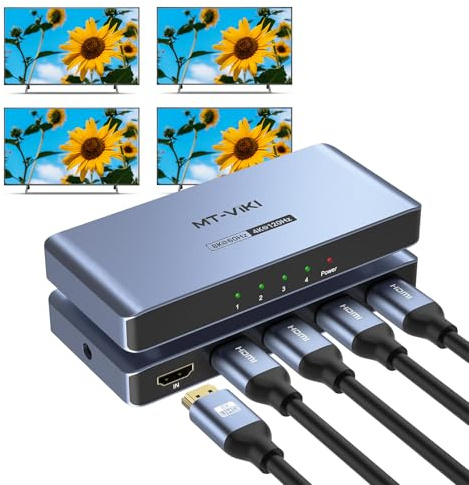 MT-VIKI 4K@120Hz 8K@60Hz HDMI Splitter 1 in 4 Out, 40Gbps Video Audio Distributor Box 1x4 Aluminum shell Mirror/Dulplicate 4 Screens for PS4 XBOX, Fire stick