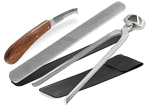 Profi Pferde Hufschmied-Werkzeug Set 3-teiliges Pferdehufpflege-Set | 1 Hufmesser 1 Hufzange 1 doppelseitige 4-Fache Hufraspel für Pferdehufen als Hufpflegeset zur präzisen Entfernung von Horn