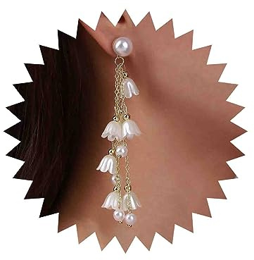 TseenYi Pearl Flower Dangle Earring Bell Orchid Drop Earring Gold Pearl Long Tassel Earrings Long Pearl Tassel Flower Earrings Flower Long Drop Earrings Jewelry for Women and Girls