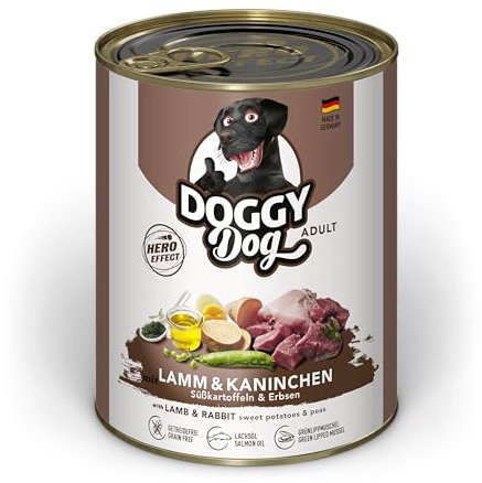 DOGGY Dog Paté Lamm & Kaninchen, 6 x 800 g, Nassfutter für Hunde, getreidefreies Hundefutter mit Lachsöl und Grünlippmuschel, Alleinfuttermittel mit Süßkartoffel und Erbsen, Made in Germany