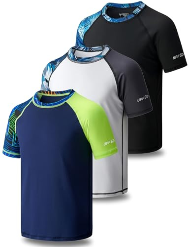 Liberty Pro 3 Pack Boys' UPF 50+ Rash Guard Short Sleeve Swim Shirts, Quick Dry UV Protection Swimwear for Kids, Set 3, Youth Medium