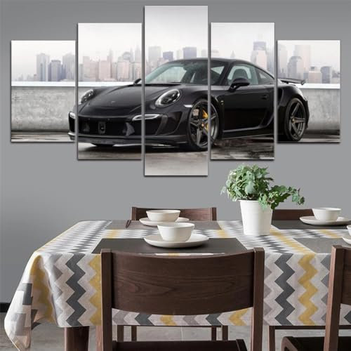 ZYCHKRL Moderne Bilder Wohnzimmer 5 Teiliger Porsch 911 Turbo Luxus-Sportwagen Poster Mit Rahmen Hd Für Heimdekoration Personalisierte Bilder Leinwandbilder Xxl