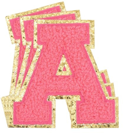 QUARKZMAN 3 Stück Buchstaben zum Aufbügeln, 80 mm Selbstklebende Chenille Buchstaben A mit Glitzer-Goldrand, Gestickter Patch zum Aufbügeln für Kleidung, Taschen, Hut, DIY (Rosenrot)