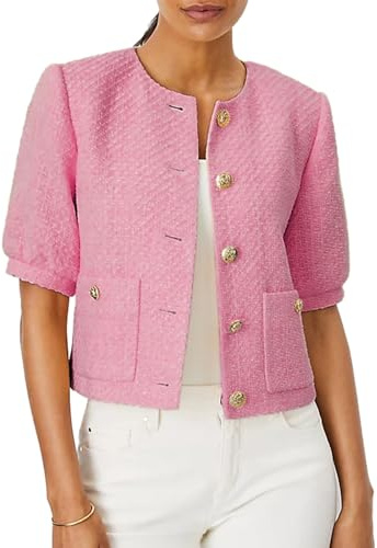 LifeShe Puff Short Sleeve Tweed Jacket Women Cropped Jackets Summer Open Front Office Work Blazer Coat