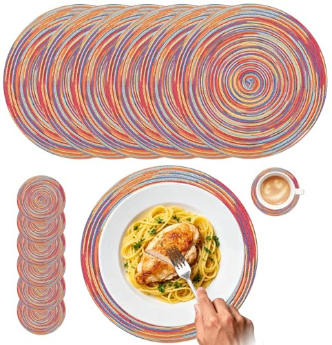 6er Set Runde Tischsets aus Baumwolle (34 cm) mit Untersetzer - Geflochtene, Abwaschbare Platzsets - Hitzebeständig & Schmutzabweisend - Ideal für Küche, Esszimmer, Weihnachten, Feste, Tischdeko