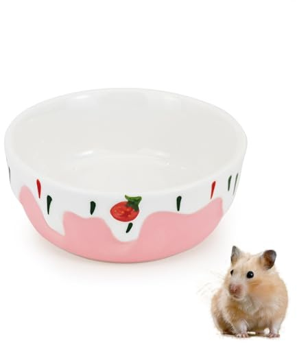 LuckyOpt Round Ceramic Hamster Bowl, Hamster Food Bowl with Cute Strawberry Pattern, Anti-Tipping Easy to Clean Hamsters Small Animal Food Water Bowls for Gerbils, Parrots, Guinea Pigs (Pink)