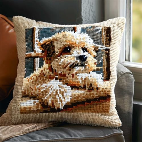 RKFLGEW DIY knüpfen set anfänger Süßer Hund knüpfkissen mit vordruck Cartoon-Tiere Knüpfhaken-Kissen-Set，DIY-Kissenbezug zum Basteln，bedruckte Leinwand für Anfänger，Stickerei，Bastelkissen 43x43cm