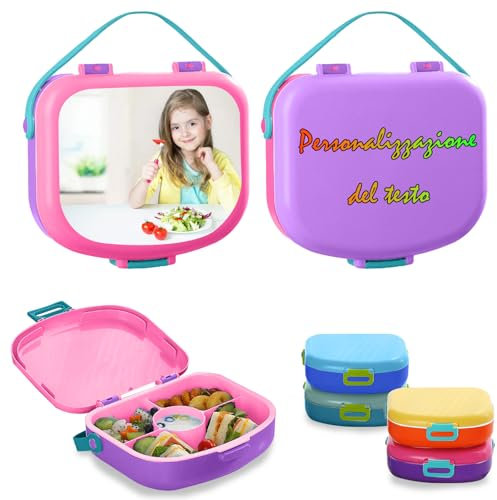 Generico Scatola Per Merenda E Pranzo, Scatola Per Merenda Personalizzabile Con Foto/Testo, Scatola Per Merenda Personalizzabile Con Divisori E Manici, Plastica Senza Bpa, 1300Ml (Rosa)