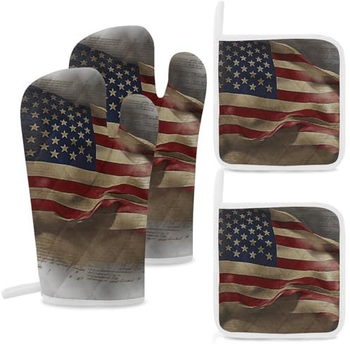 Ofenhandschuhe und Topflappen-Set, 4-teilig, hochhitzebeständig, Küchenhandschuhe und heiße Pads, Flagge, Ofenhandschuhe, rutschfest, wasserdicht, Topflappen zum Backen, Kochen, Grillen
