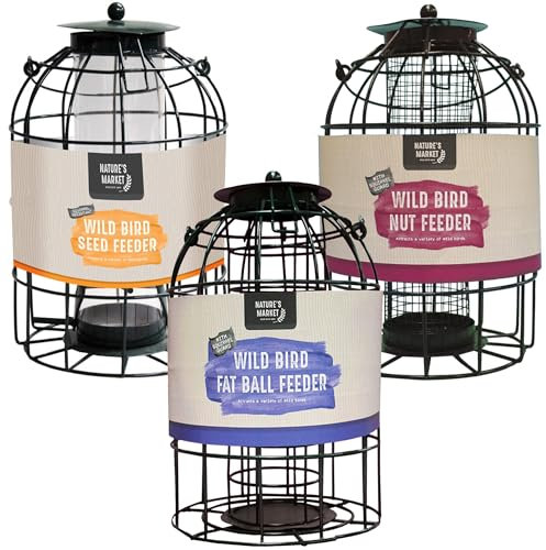 Squirrel & Bird Feeders Fat Ball, Nut & Seed Feeder With Bird Cage Metal Hanging Weather Resistant Safe Guard Wildlife Birds For Outdoor Garden (All 3 (Fat Ball, Nut & Seed Feeder))