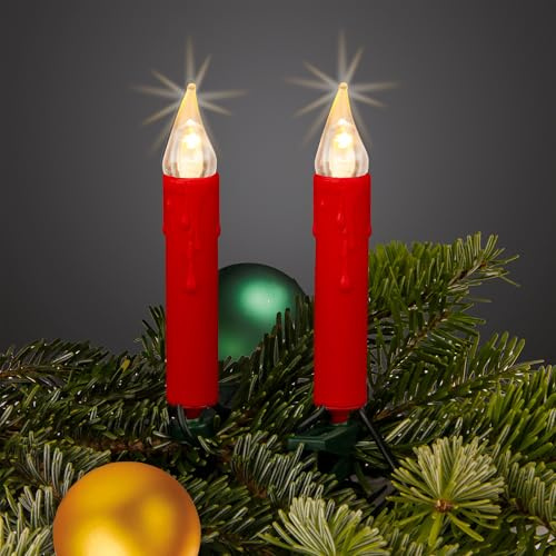 hellum Weihnachtslichterkette innen rot, 20 LED warmweiß, Stecker | Lichterkette Christbaum mit Clip, beleuchtet 5,70m Kabel grün, LED Christbaumbeleuchtung innen, Christbaumkerzen <59lm 151701